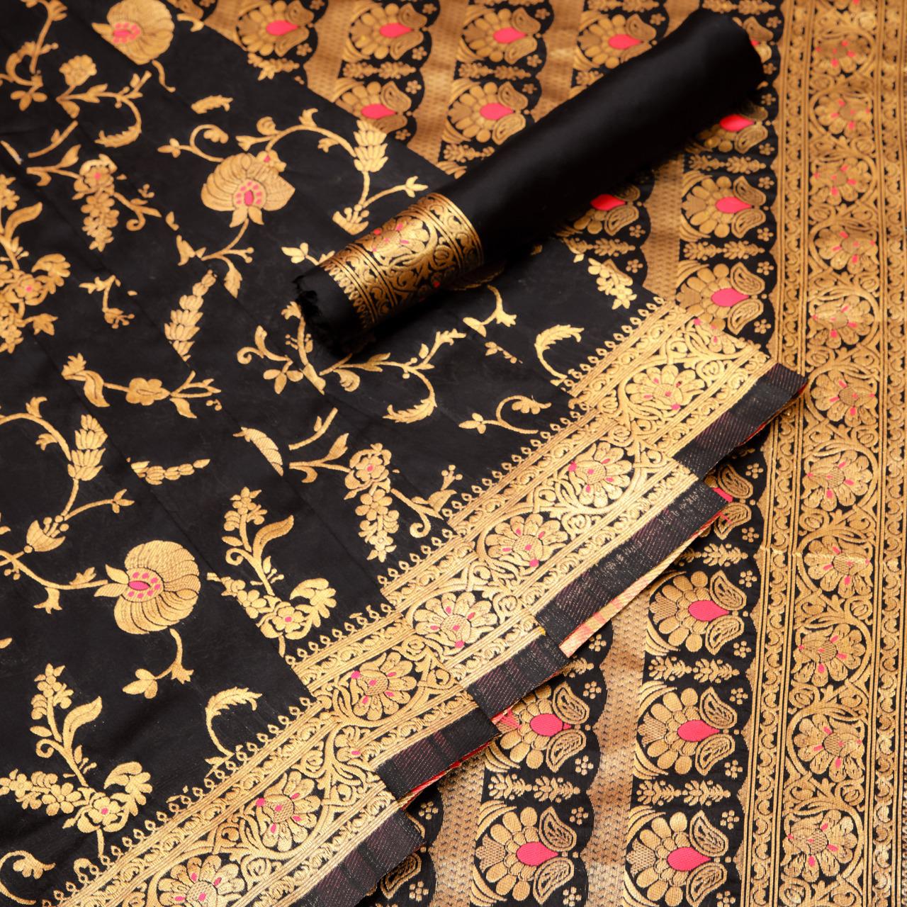 Delicate Black Banarasi Silk Saree With Spellbinding Blouse Piece