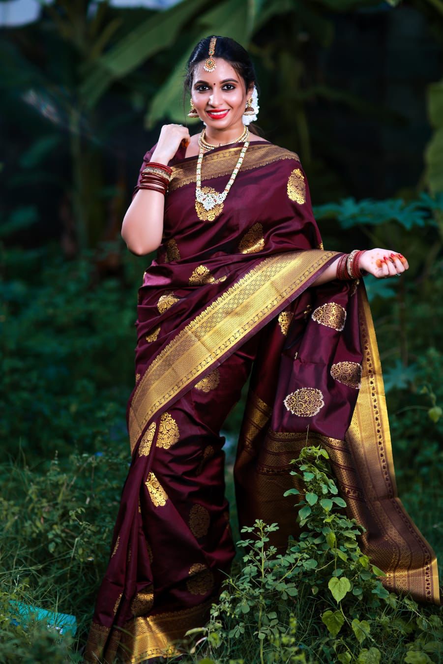 Classy Wine Banarasi Silk Saree With Gleaming Blouse Piece