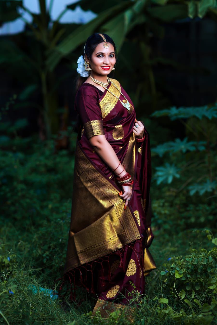 Classy Wine Banarasi Silk Saree With Gleaming Blouse Piece